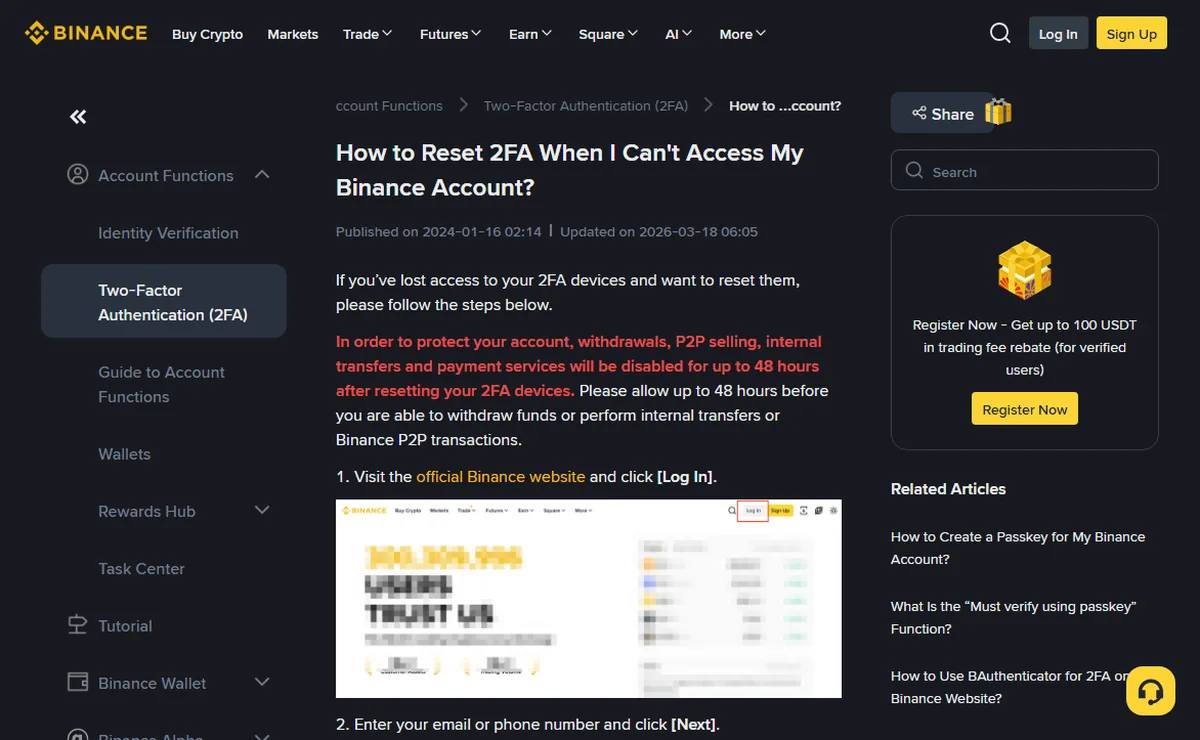 Binance help centre page titled How to Reset 2FA When I Can't Access My Binance Account, with a red warning that withdrawals and transfers are disabled for up to 48 hours after a reset