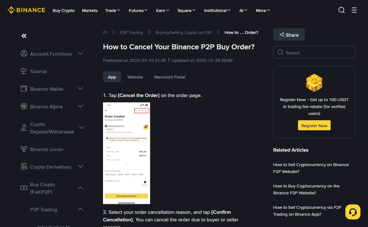 Binance Support article How to Cancel Your Binance P2P Buy Order?, published 2023-03-16 and updated 2025-12-28, App tab, step 1 Tap Cancel the Order on the order page, with a red box around the cancel link at the top right of an order screen