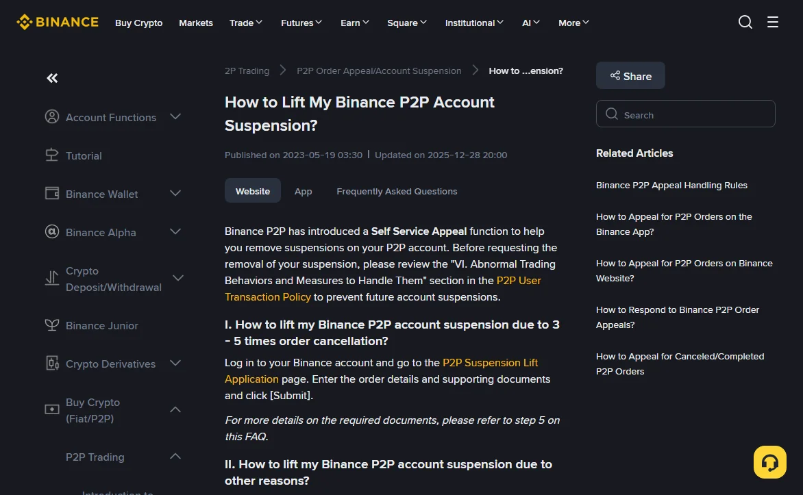 Binance Support article How to Lift My Binance P2P Account Suspension?, published 2023-05-19 and updated 2025-12-28, Website tab, section I on suspensions due to 3 to 5 order cancellations pointing to the P2P Suspension Lift Application page, and the start of section II for other reasons