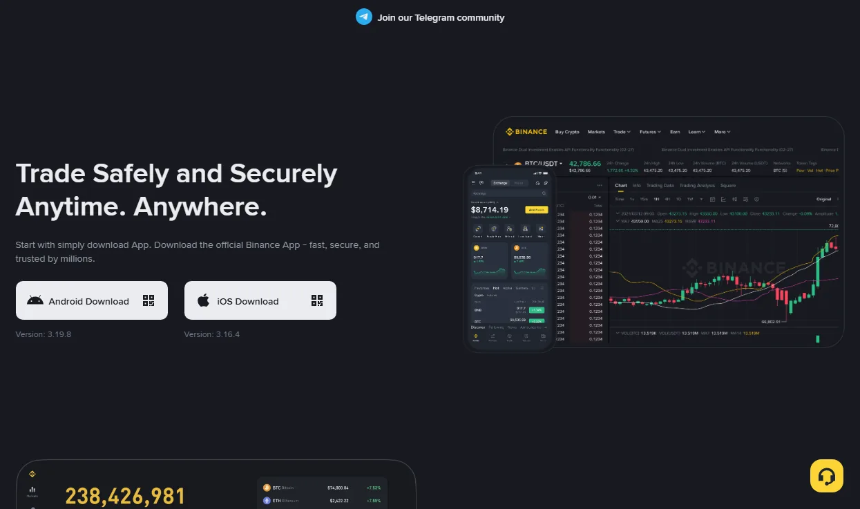 Binance's official download page showing Android and iOS download buttons with separate version numbers