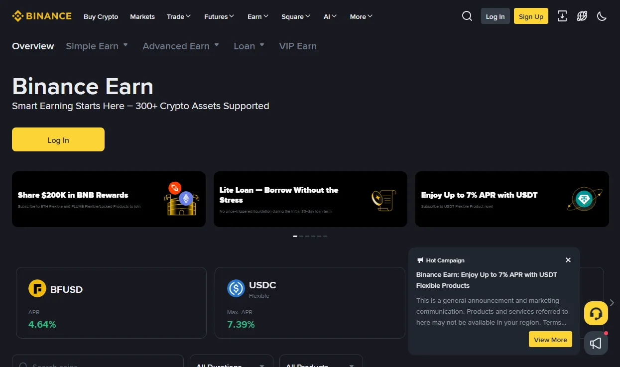 Binance Earn overview page showing product categories, promotional banners and asset cards with APR figures