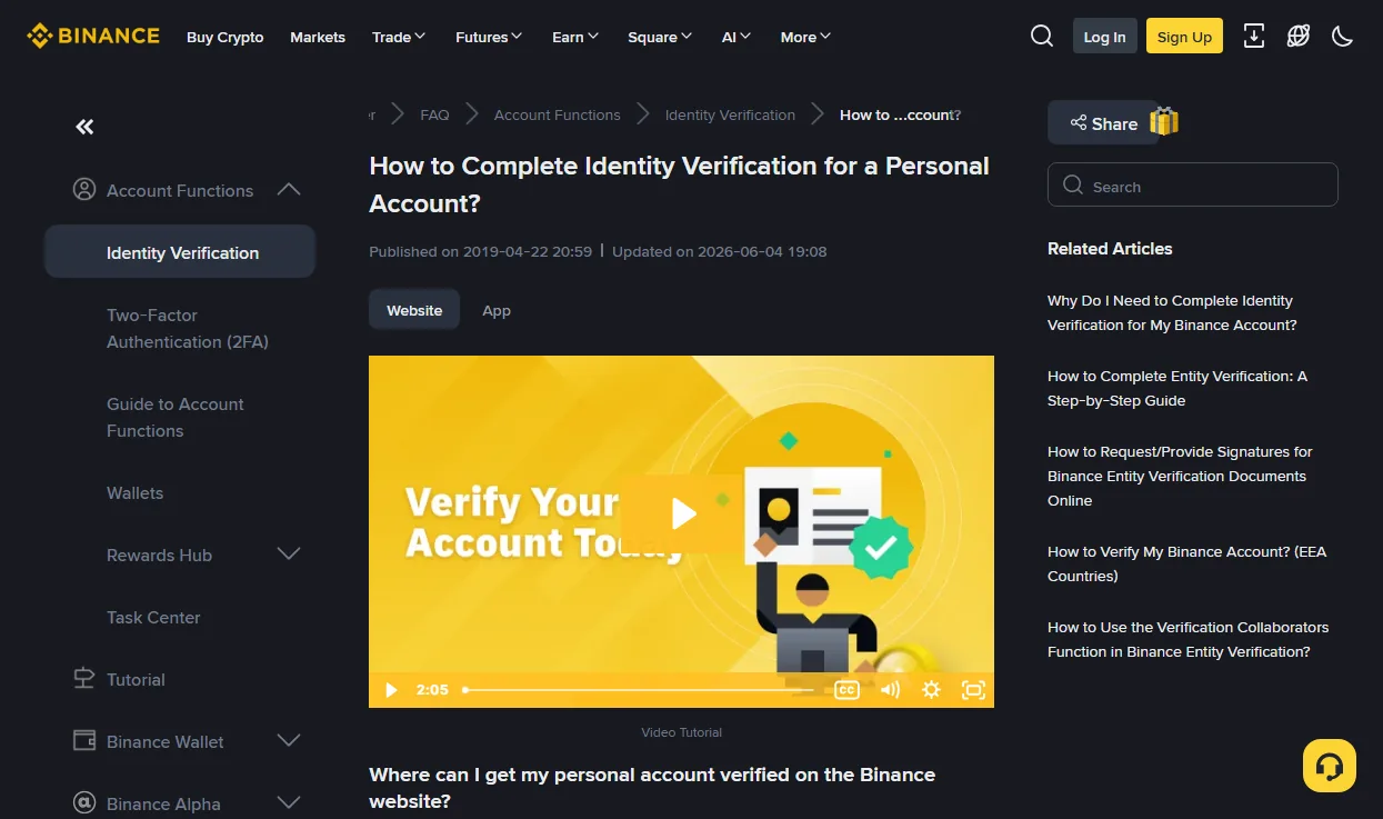 Binance help centre article: How to Complete Identity Verification for a Personal Account, showing the Website and App tabs