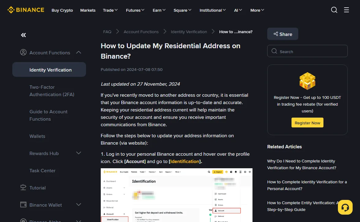 Binance Support page How to Update My Residential Address on Binance, last updated 27 November 2024, step one telling you to hover over the profile icon and click Account then Identification, with a screenshot highlighting both menu items in red