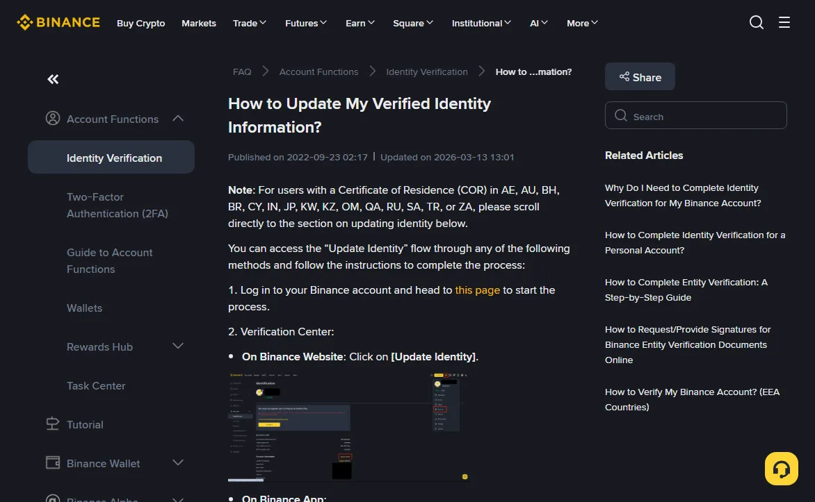 Binance Support page titled How to Update My Verified Identity Information, published 2022-09-23 and updated 2026-03-13, opening with a note for users with a Certificate of Residence in listed countries and showing that on the website you click Update Identity in the Verification Center