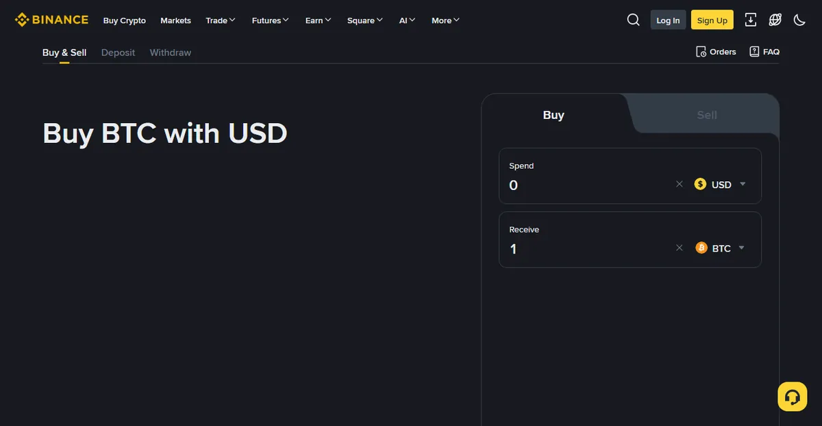Binance English Buy Crypto page showing a Buy and Sell tab with Spend and Receive fields, plus separate Deposit and Withdraw tabs
