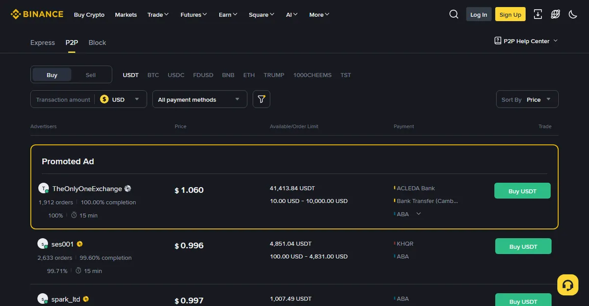 Binance English P2P marketplace listing USDT sellers with price, available amount, order limits, payment methods, order counts and completion rates, with a Promoted Ad row at the top
