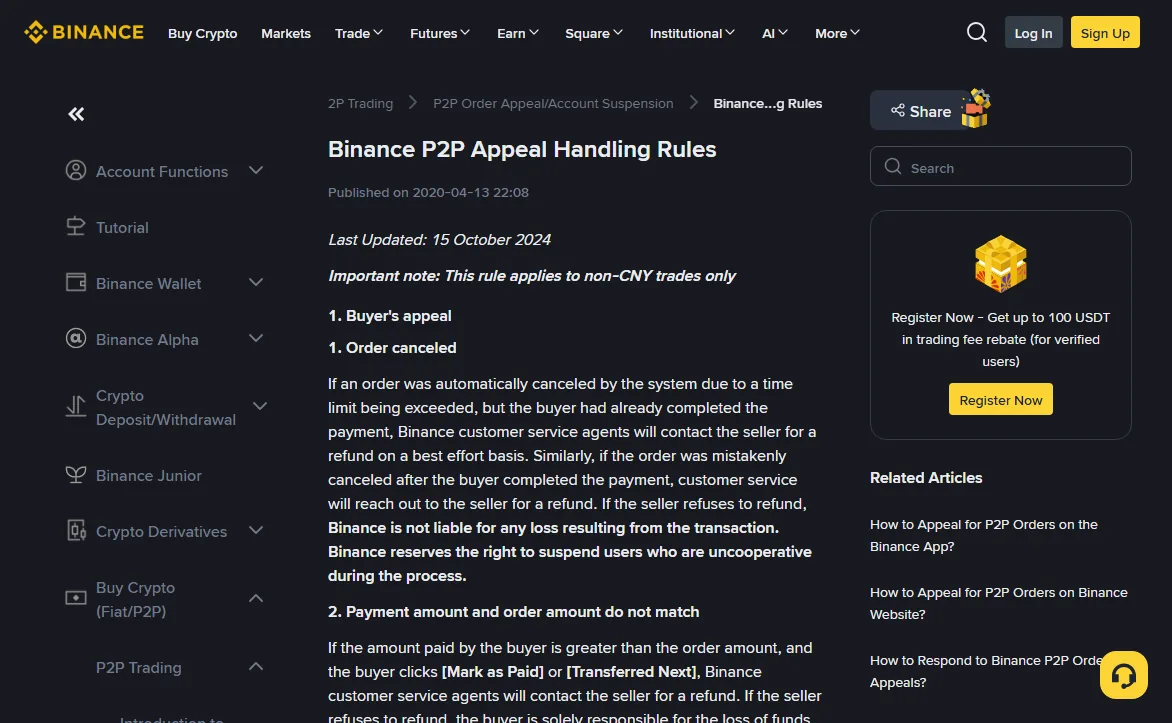 Top of the Binance P2P Appeal Handling Rules help page, showing Last Updated 15 October 2024 and the bold note that the rule applies to non-CNY trades only, followed by the start of the buyer's appeal section