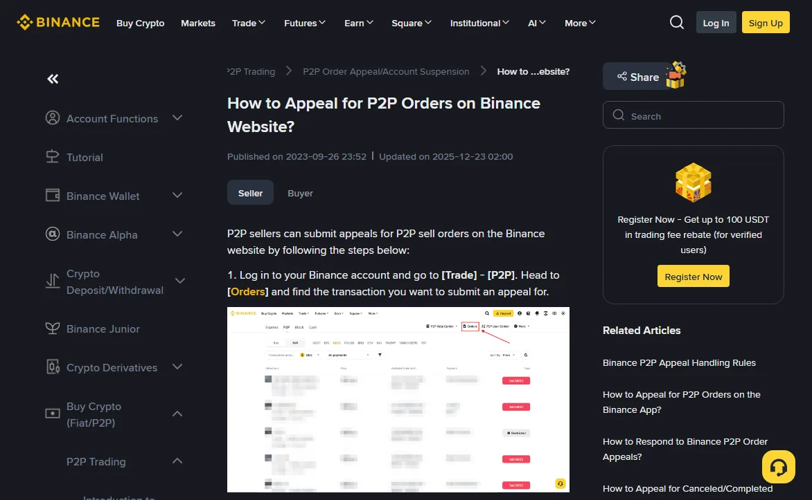 Binance help page How to Appeal for P2P Orders on Binance Website, Seller tab selected, step one telling the user to go to Trade, P2P and Orders, with a screenshot that boxes the Orders link in red