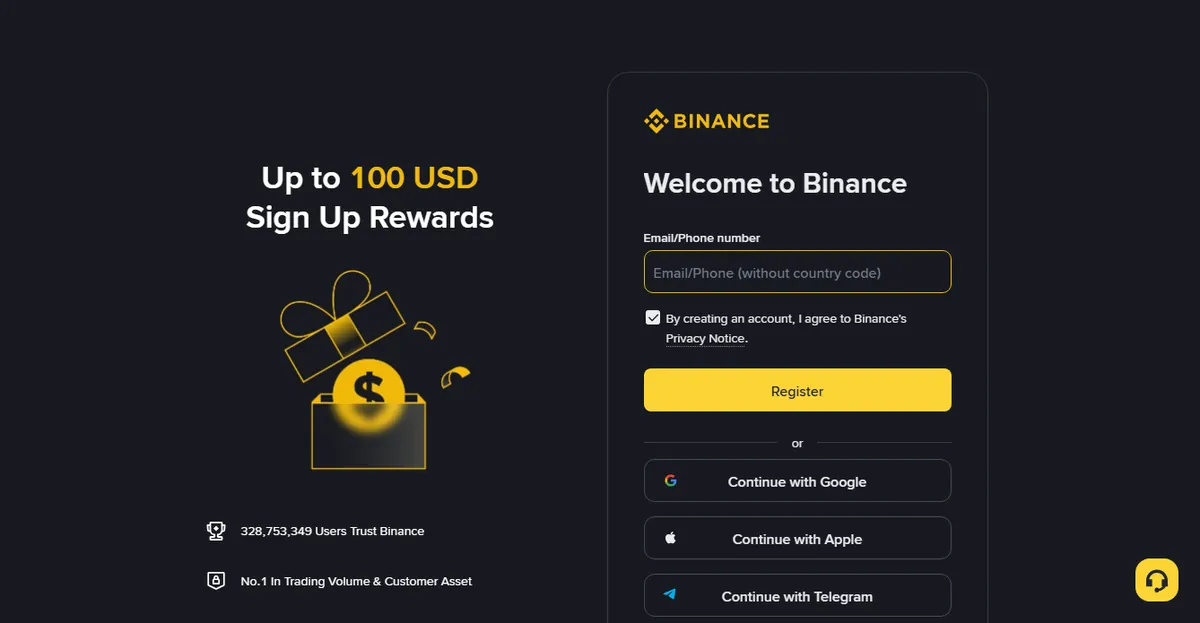 Binance English registration page: a single email or phone field, a Register button, and Google, Apple and Telegram sign-in options below it