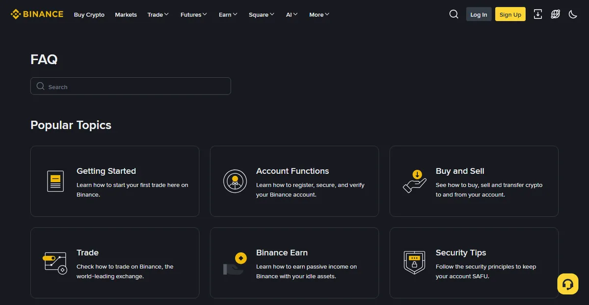 Binance English help centre front page with a search box and topic cards including Getting Started, Account Functions and Security Tips