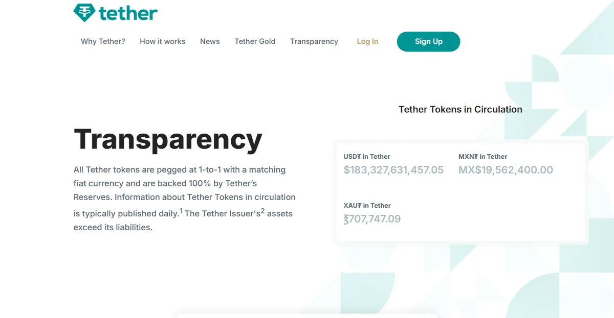 Tether's transparency page showing total tokens in circulation for USDT, MXNT and XAUT