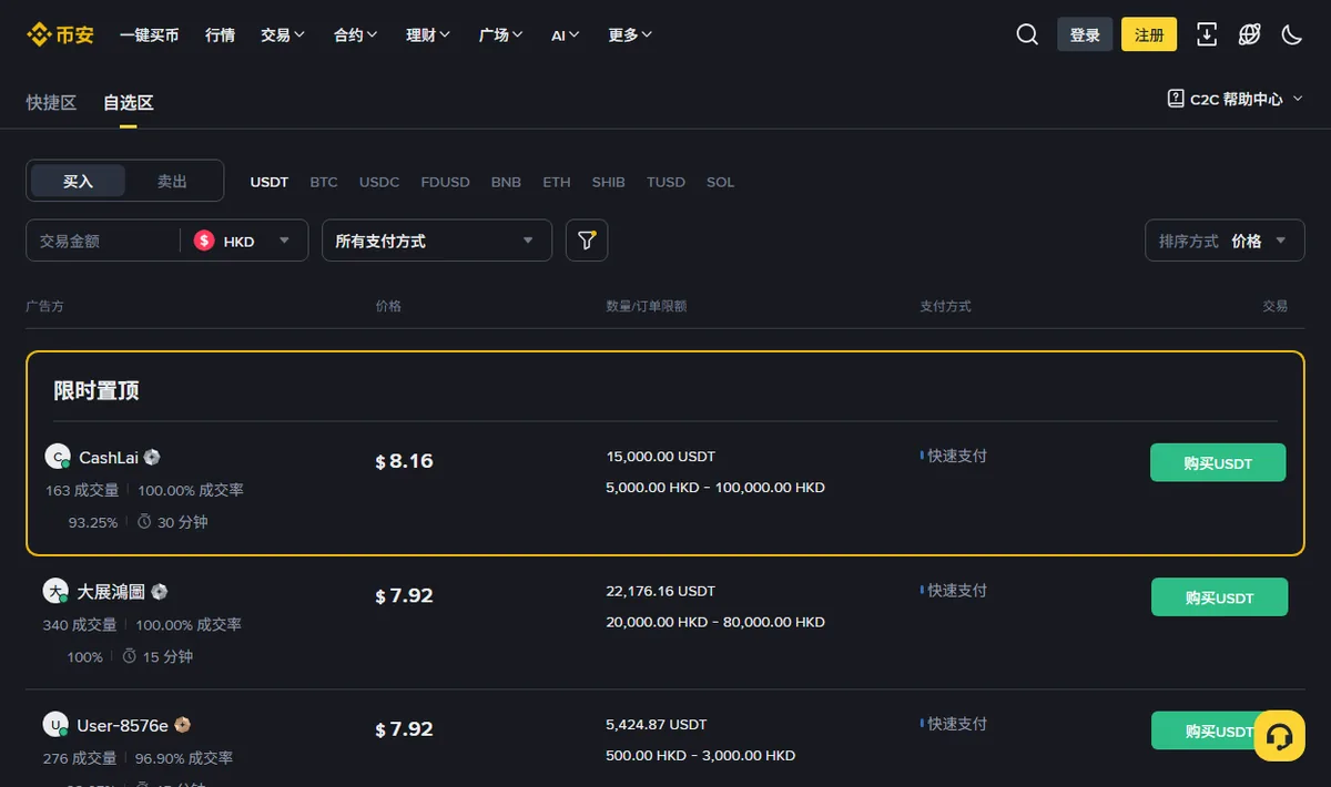 币安 C2C 页面把计价币种切到港币后的广告列表,每条广告下方标着支付方式与港币限额