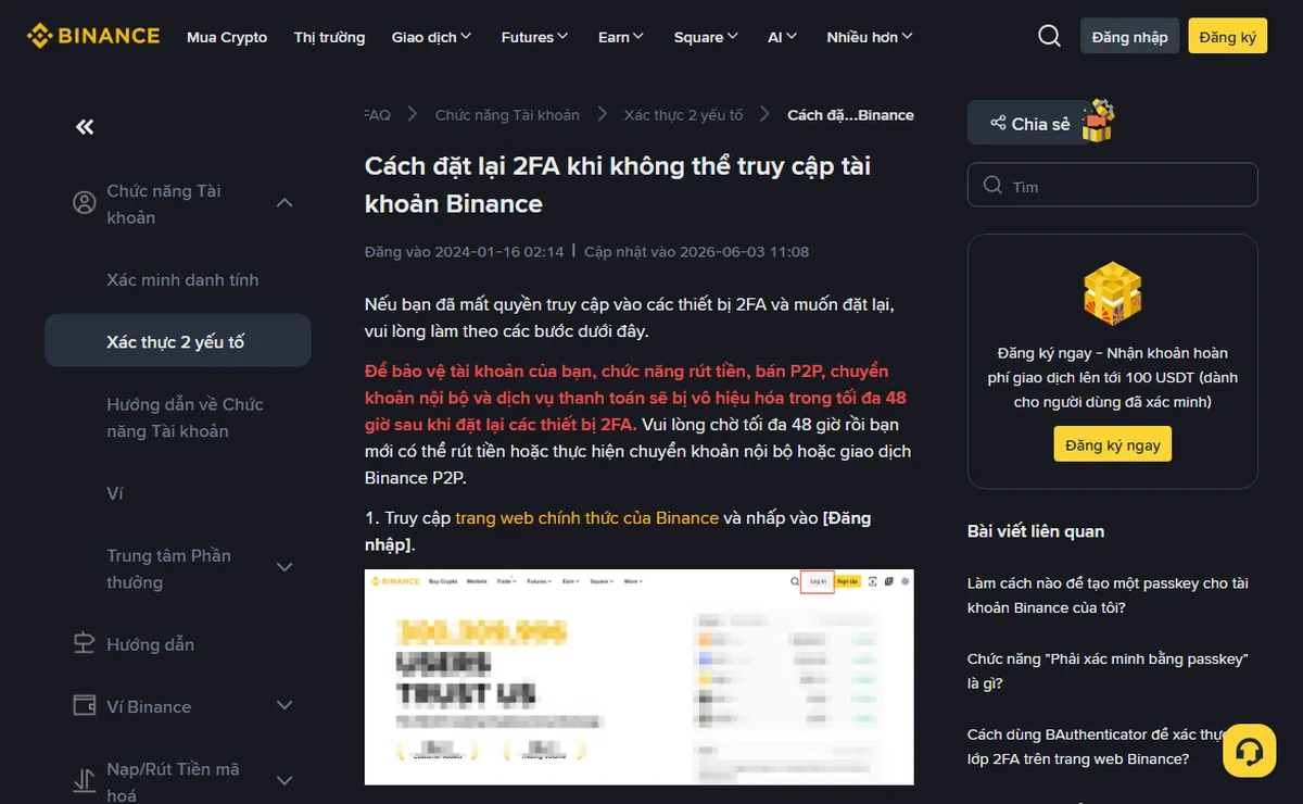 Trang trợ giúp Binance Cách đặt lại 2FA khi không thể truy cập tài khoản Binance, phía trên có đoạn chữ đỏ ghi rút tiền và chuyển khoản bị vô hiệu hoá tối đa 48 giờ