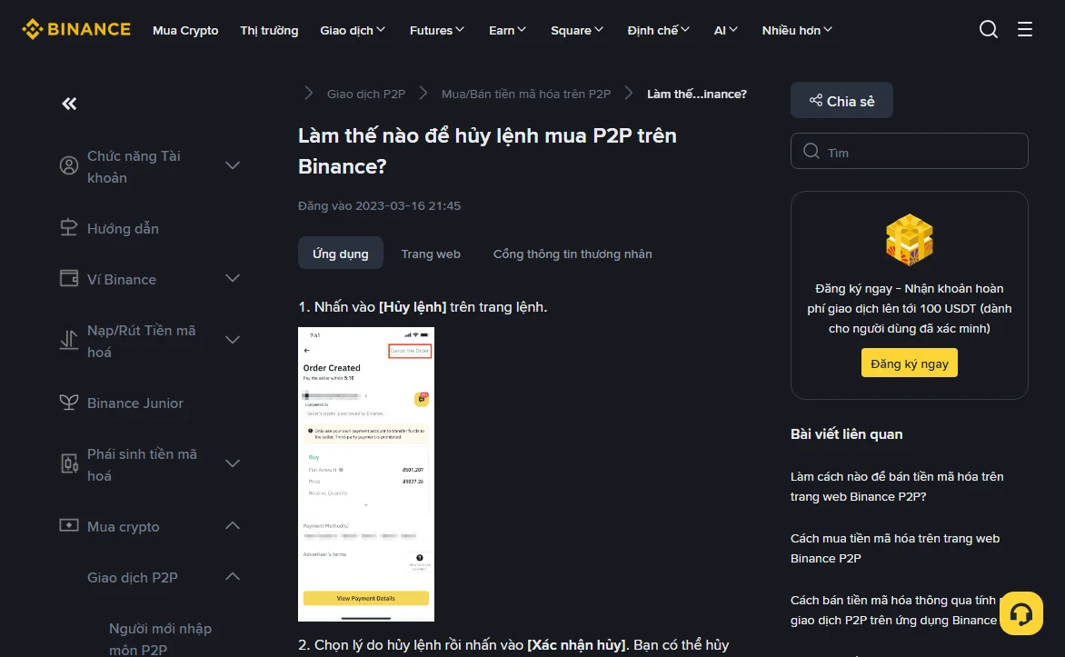Trang trợ giúp Binance tiếng Việt Làm thế nào để hủy lệnh mua P2P trên Binance, đăng vào 2023-03-16, thẻ Ứng dụng, bước 1 Nhấn vào Hủy lệnh trên trang lệnh, ảnh minh hoạ khoanh đỏ nút huỷ ở góc trên bên phải màn hình lệnh