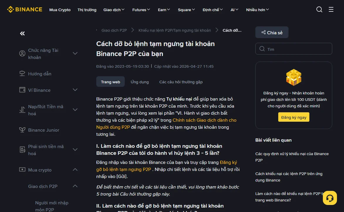 Trang trợ giúp Binance tiếng Việt Cách dỡ bỏ lệnh tạm ngưng tài khoản Binance P2P của bạn, đăng 2023-05-19, cập nhật 2026-04-27, thẻ Trang web, mục I về tạm ngưng do huỷ lệnh 3 đến 5 lần dẫn tới trang Đăng ký gỡ bỏ lệnh tạm ngưng P2P, và phần đầu mục II cho các lý do khác
