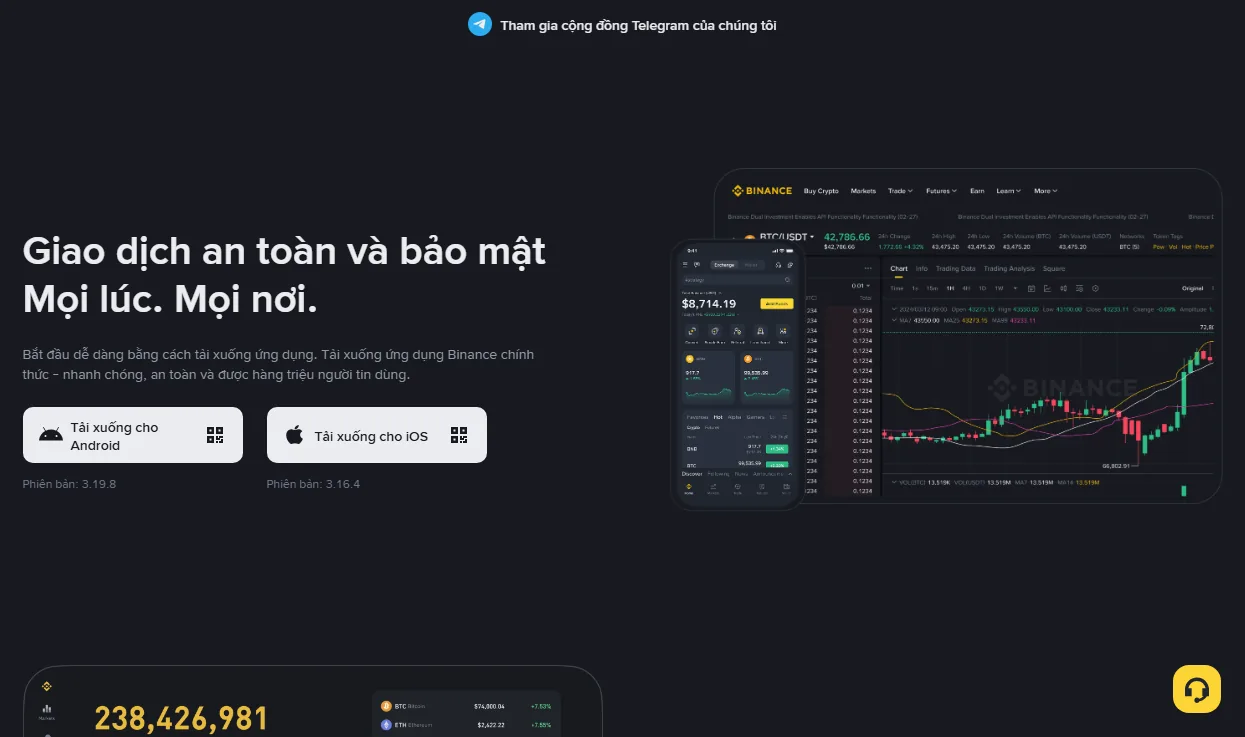 Trang tải về chính thức của Binance với nút tải Android và iOS kèm số phiên bản riêng cho từng hệ