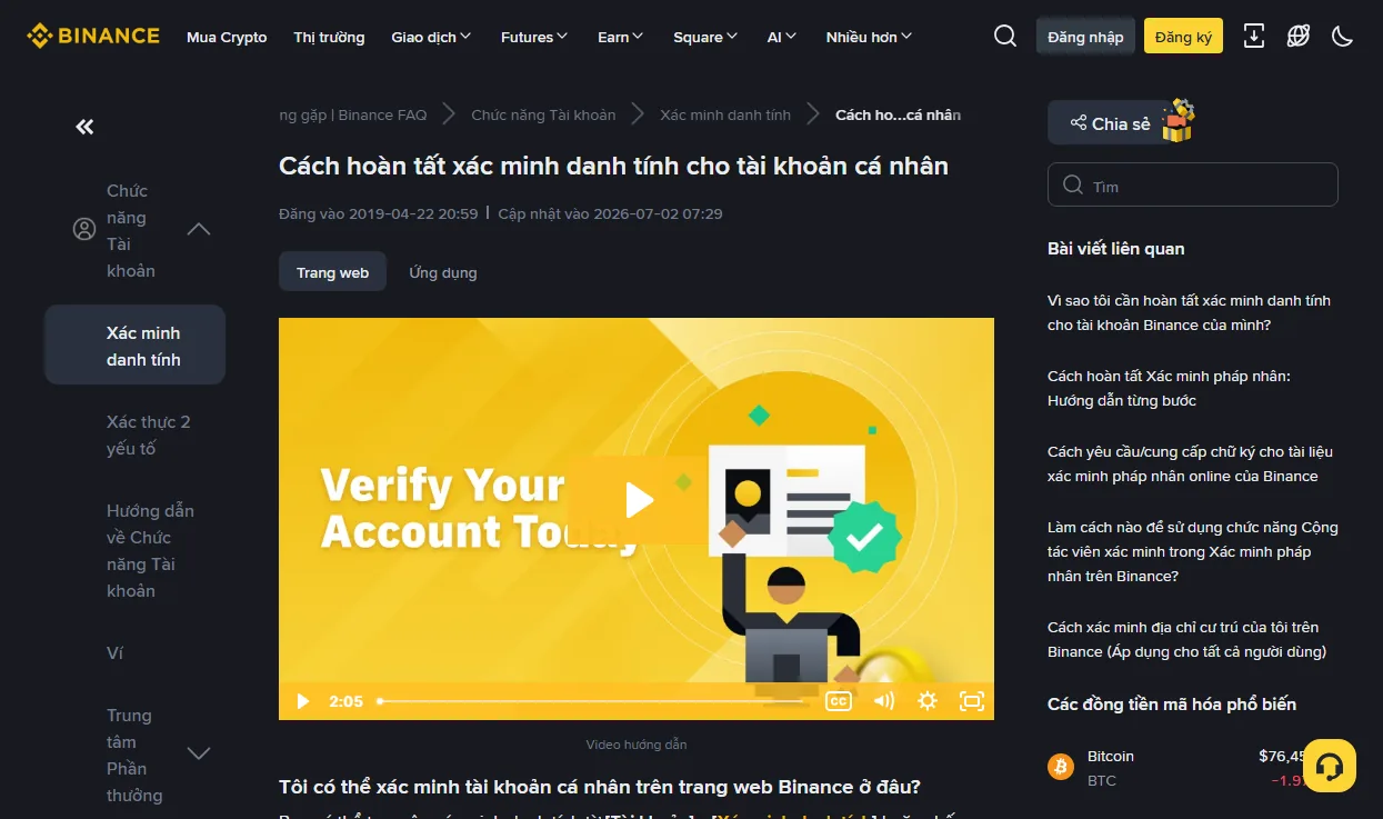 Trang trợ giúp của Binance: cách hoàn tất xác minh danh tính cho tài khoản cá nhân, có hai tab Website và App