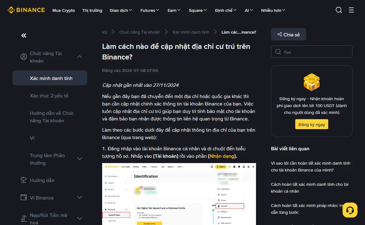 Trang Trung tâm Trợ giúp Binance «Làm cách nào để cập nhật địa chỉ cư trú trên Binance?», ghi cập nhật gần nhất vào 27/11/2024, bước 1 hướng dẫn di chuột đến biểu tượng hồ sơ rồi nhấp Tài khoản và Nhận dạng, ảnh minh họa khoanh đỏ mục Account và Identification