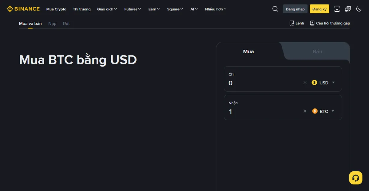 Trang Mua Crypto của Binance bản tiếng Việt với các tab Mua và Bán, Nạp, Rút