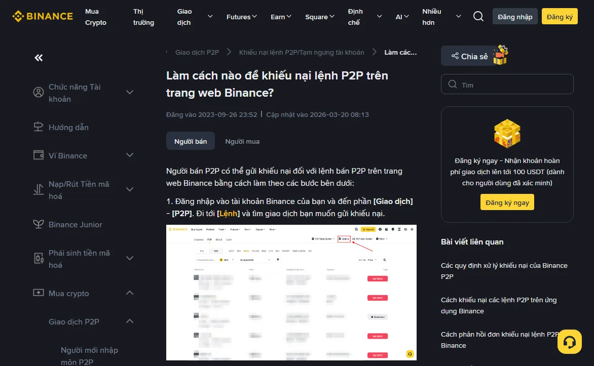 Trang trợ giúp Binance bản tiếng Việt Làm cách nào để khiếu nại lệnh P2P trên trang web Binance, đang mở thẻ Người bán, bước 1 hướng dẫn vào Giao dịch, P2P rồi Lệnh, kèm ảnh giao diện khoanh đỏ mục Lệnh ở góc trên bên phải