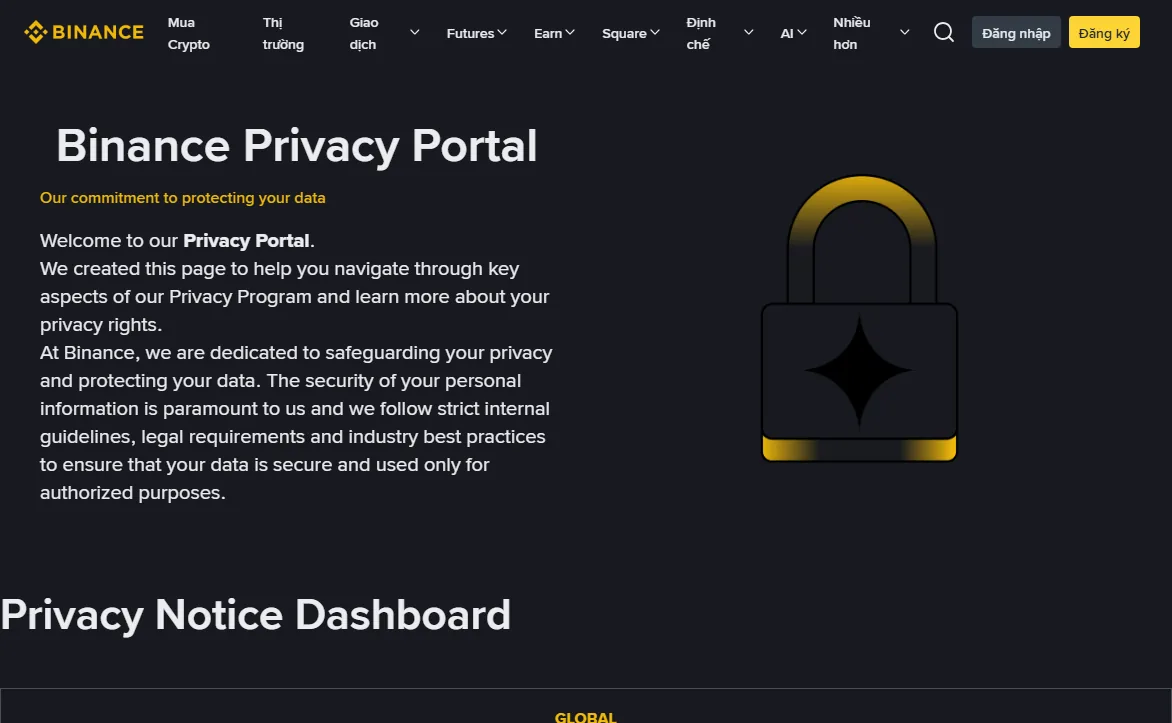 Phần đầu trang Binance Privacy Portal mở từ phiên bản tiếng Việt của Binance: thanh menu tiếng Việt, tiêu đề Binance Privacy Portal bằng tiếng Anh và đầu mục Privacy Notice Dashboard bên dưới