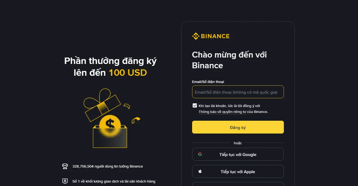 Trang đăng ký Binance bản tiếng Việt: một ô email hoặc số điện thoại, nút Đăng ký, bên dưới là các lối đăng nhập bằng Google và Apple