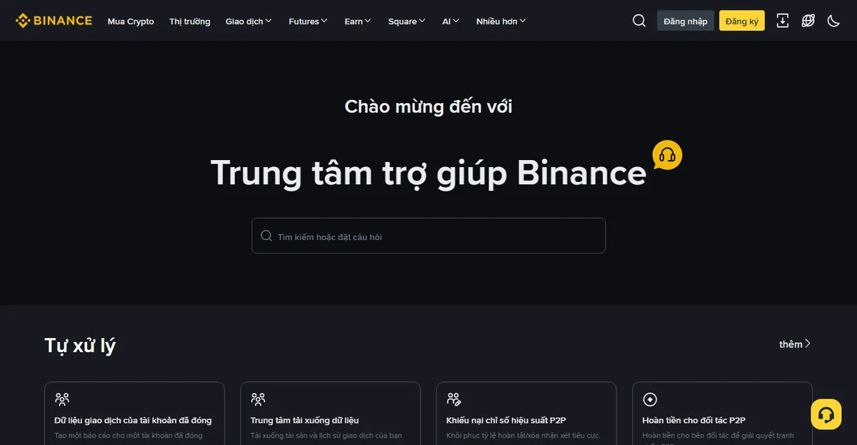 Trang chủ trung tâm trợ giúp Binance bản tiếng Việt với ô tìm kiếm và các thẻ chủ đề