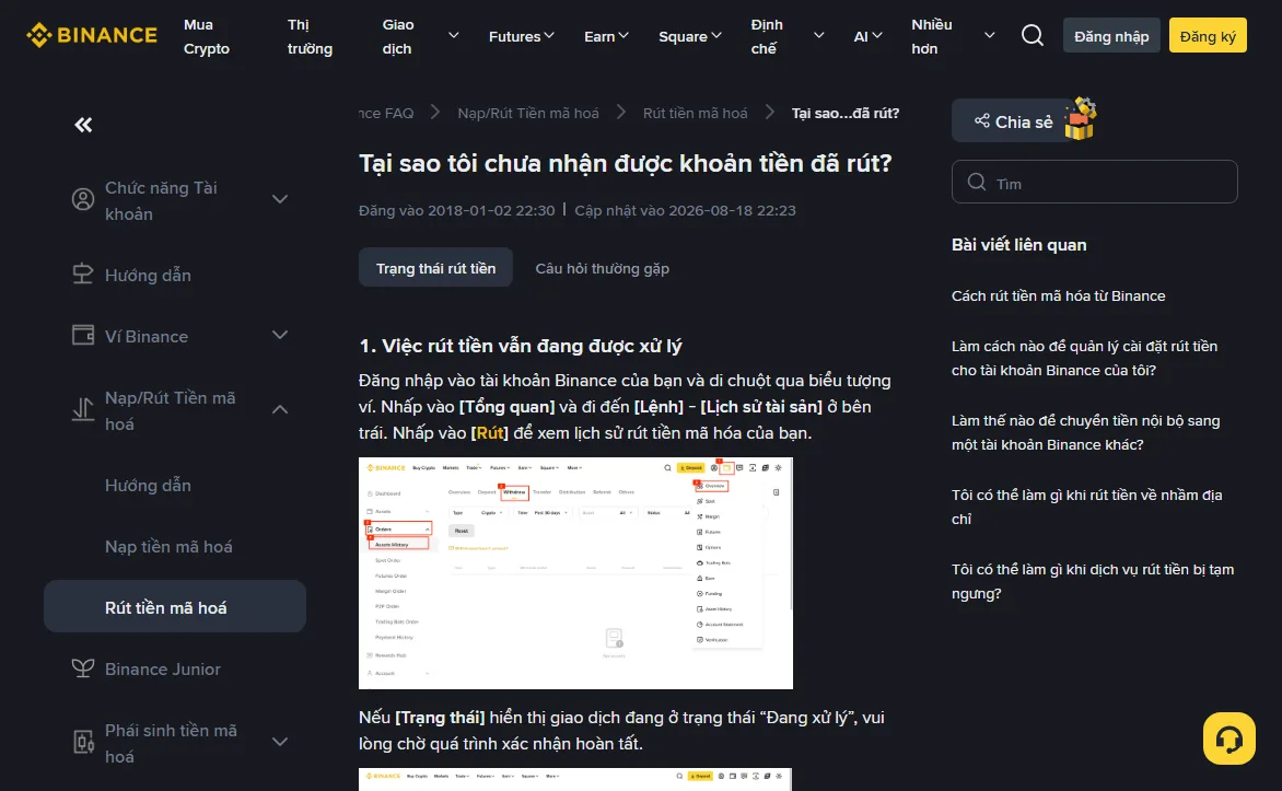Bài trợ giúp Binance Tại sao tôi chưa nhận được khoản tiền đã rút, thẻ Trạng thái rút tiền với mục 1 Việc rút tiền vẫn đang được xử lý và ảnh minh hoạ đánh số các ô biểu tượng ví, Orders, Assets History, Withdraw